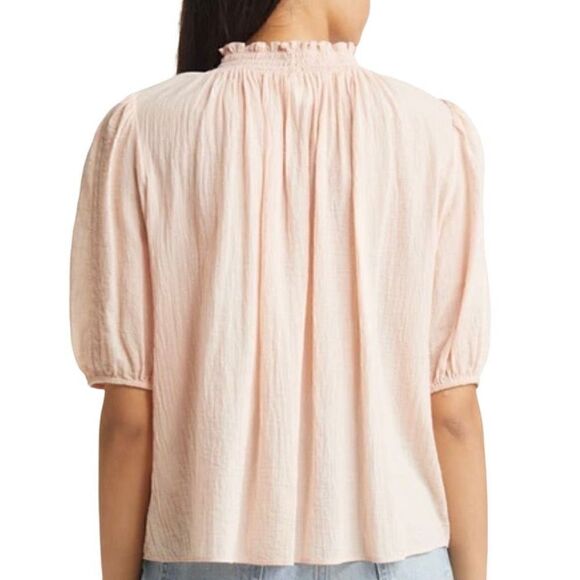 Treasure & Bond Smocked Lace Inset Gauzy Blouse Pink Smoke Women Small NWT - Picture 3 of 11